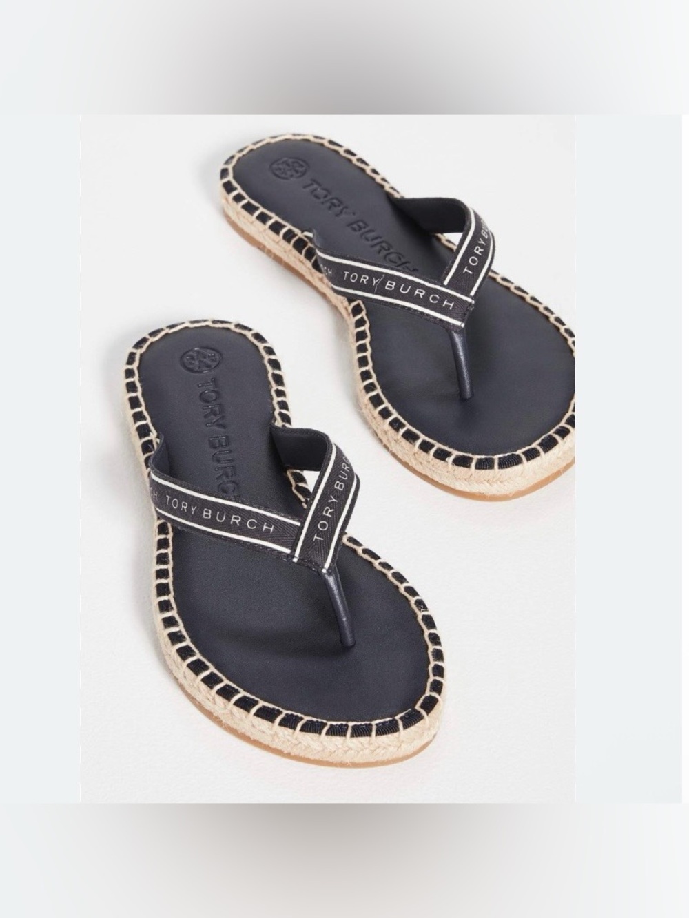 NWOT Tory Burch Black Logo Espadrille Thong Sandals Size 6